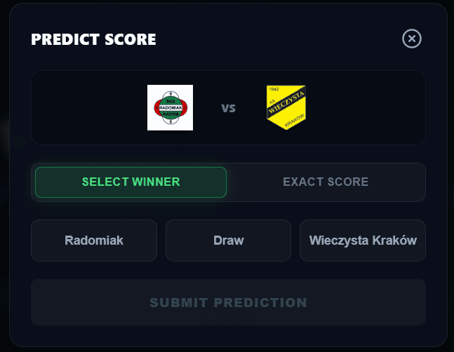Ekran wyboru zwycięzcy meczu w Predicto