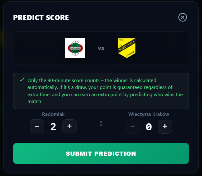 Score prediction modal in Result + Winner mode